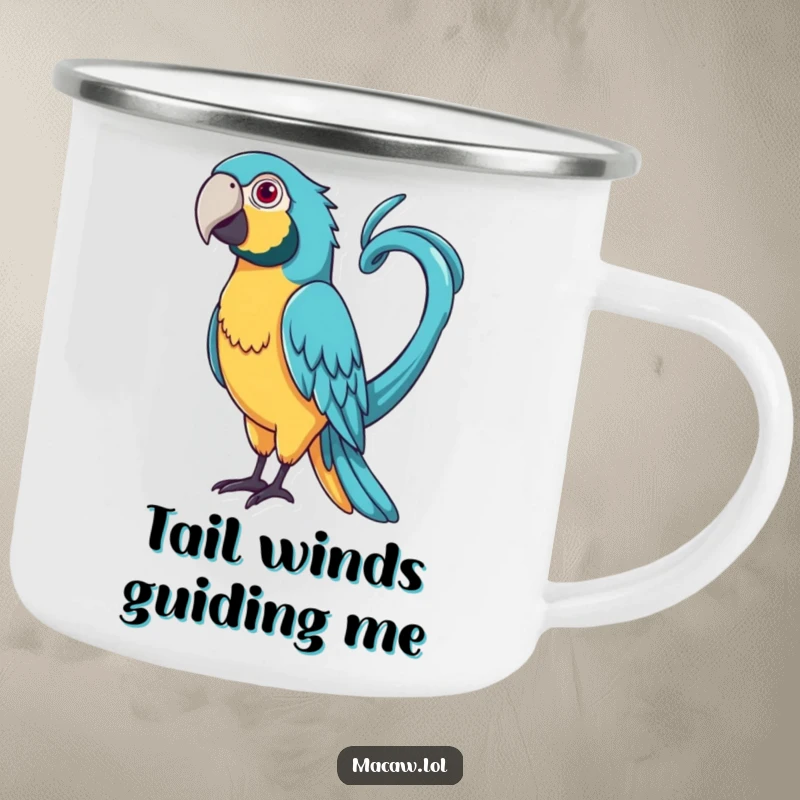Funny Curly Tail Macaw Camping Mug: A bird with a very long, curly tail playfully whipping it around.