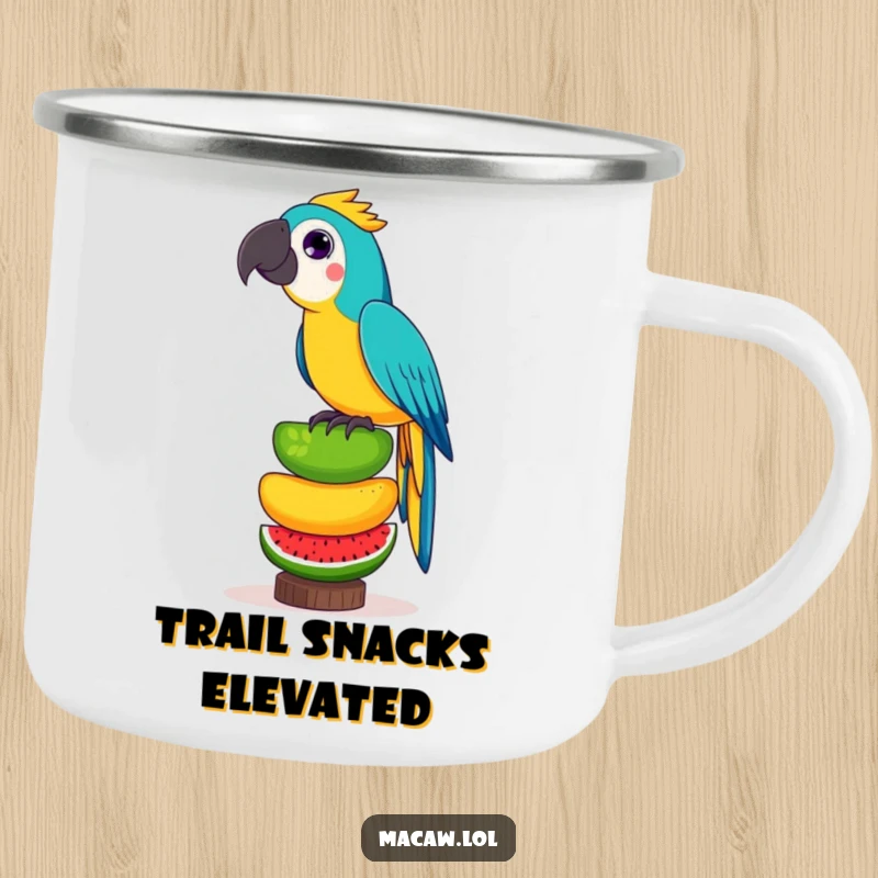 Funny camping mug featuring a playful macaw bird balancing a stack of exotic fruits, ideal for outdoor refreshment and laughs.