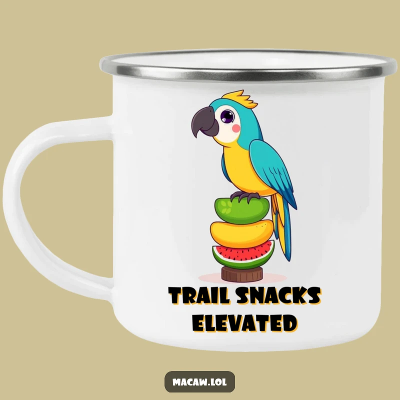 Funny Fruit Balancing Macaw Camping Mug: Durable, Playful Bird Gift