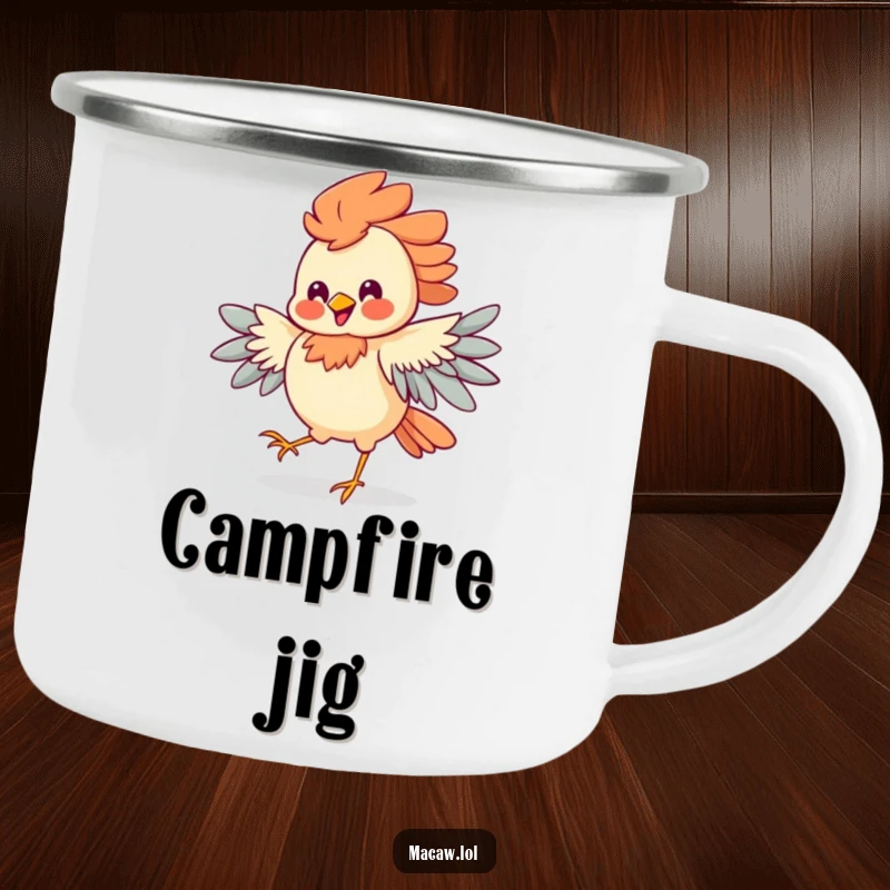 Funny Jigging Bird Camping Mug depicting a bird with fancy feathers dancing a jig, its silly grin adding cheer to outdoor drinks.