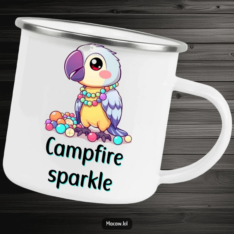 Funny Camping Mug featuring a kawaii macaw proudly displaying shiny, mismatched beads, ready for quirky outdoor adventures.