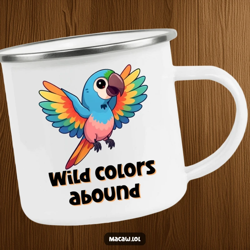 Funny kawaii macaw camping mug, featuring a bird with spread wings in vibrant colors, ready for outdoor art and humor, a fantastic funny gift.