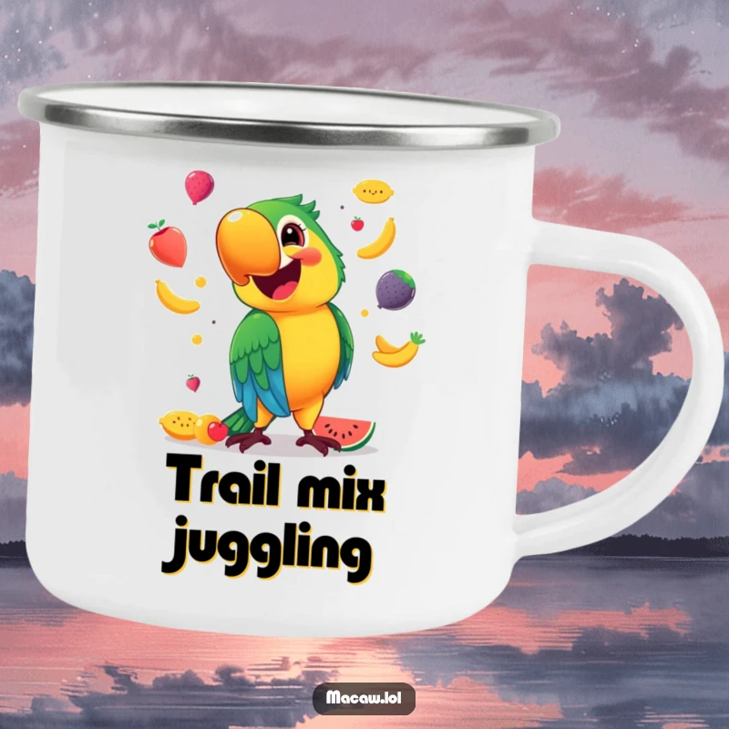 Funny Camping Mug featuring a smiling macaw juggling colorful fruits, bringing a tropical and cheerful vibe to outdoor adventures.