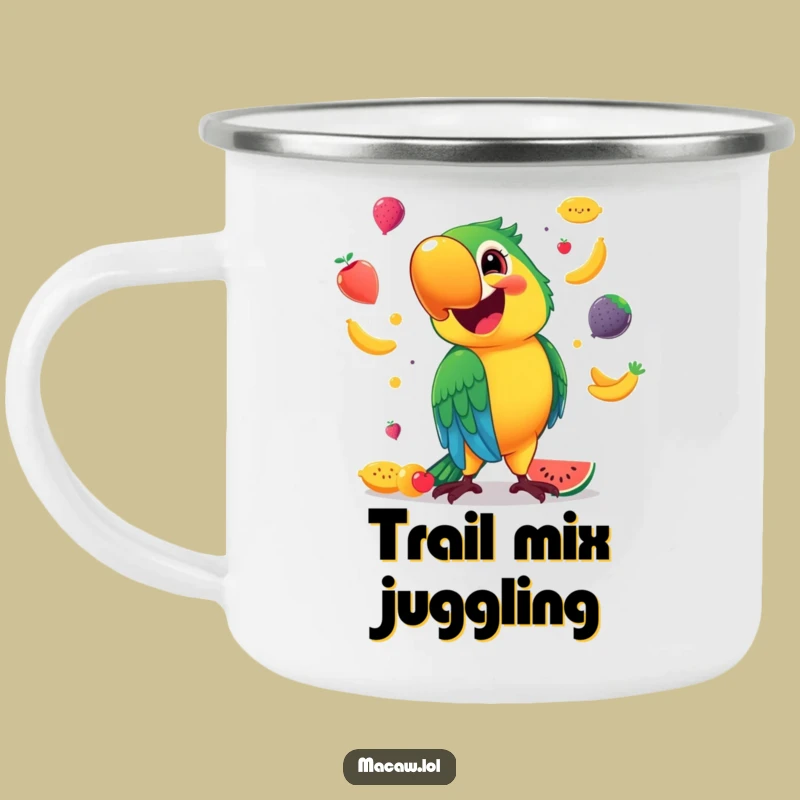 Funny Macaw Camping Mug: Smiling Juggler, Outdoor Fun, Adventure Gift