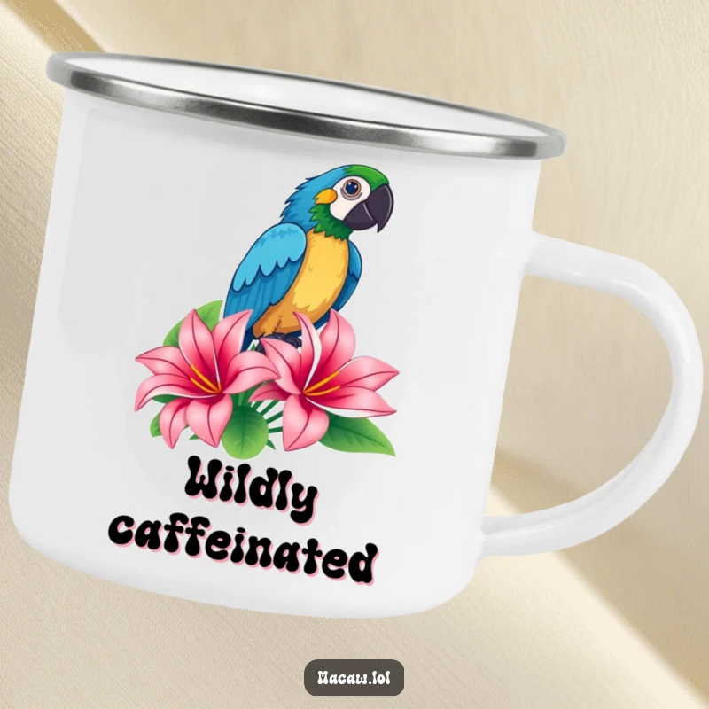 Funny macaw striking a dramatic proud pose atop a tropical flower on a camping mug, perfect for humorous outdoor moments.