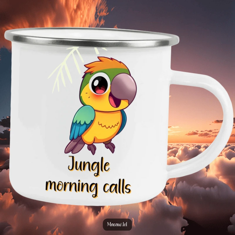 Funny Macaw Camping Mug: A vibrantly colored macaw bird with large, curious eyes squawks happily.