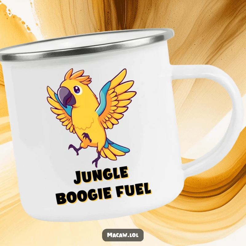 Funny macaw bird camping mug, stylized bird dancing energetically with fanned tail feathers, durable, humorous, outdoor gift.
