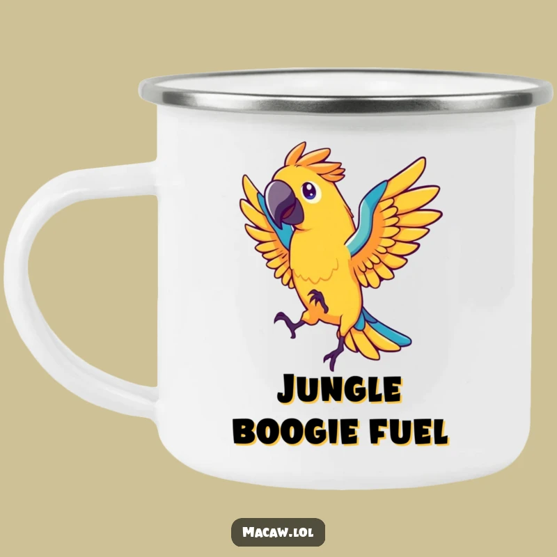 Funny Macaw Dancer Camping Mug: Outdoor Adventures with Energetic Bird, Perfect Gift