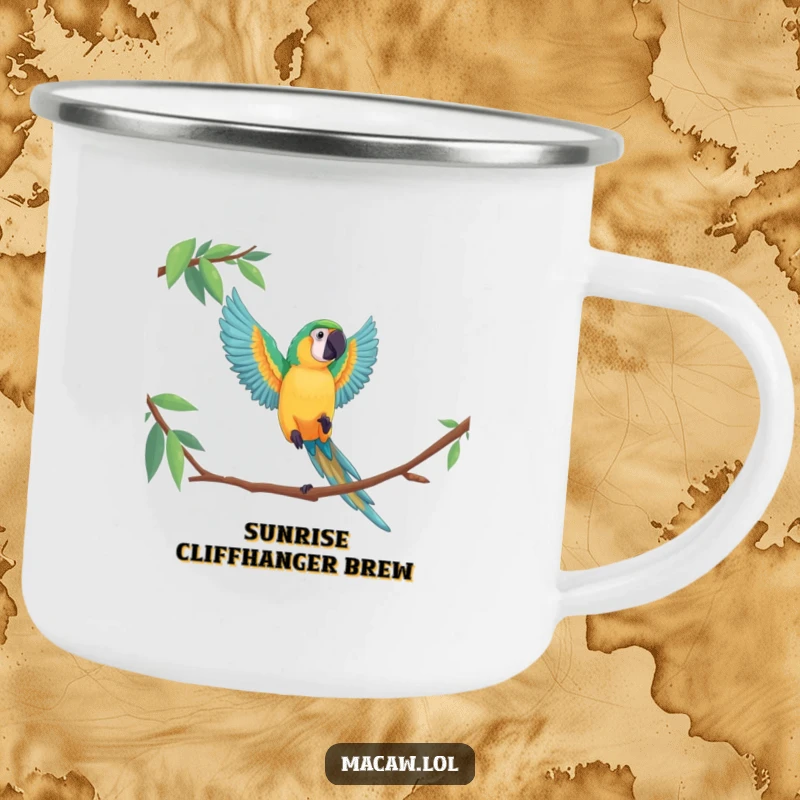 Funny macaw camping mug featuring a bird in a dramatic leap, built for adventure and visual appeal.