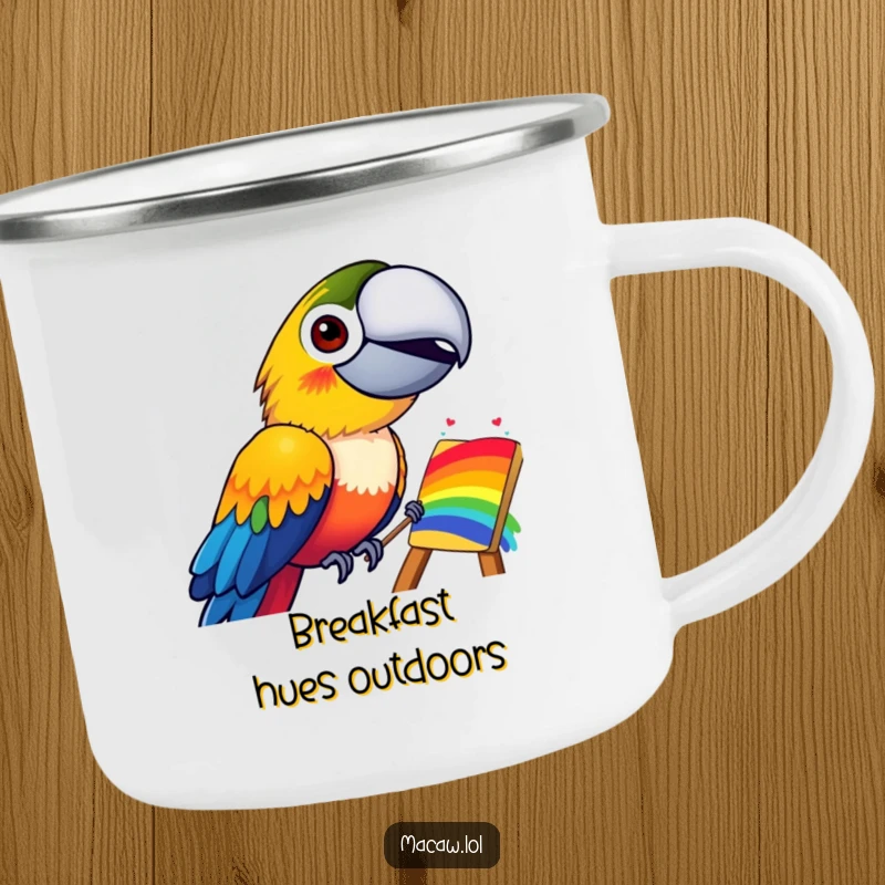 Funny camping mug featuring a happy, grinning macaw bird painting a vivid rainbow, built for outdoor adventures and laughter.