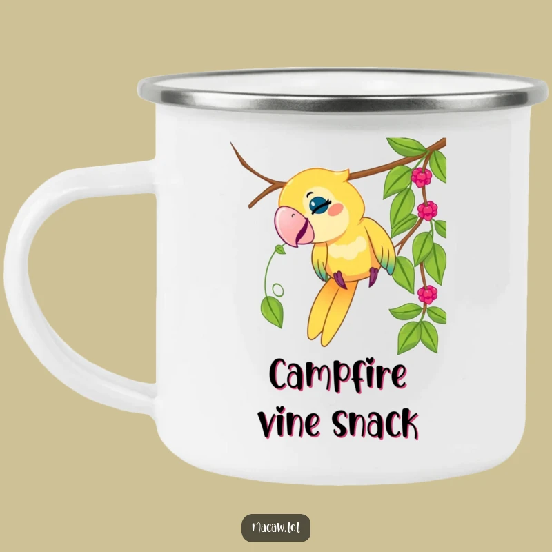 Funny Macaw Vine Camping Mug: Jungle Adventures with Playful Bird, Perfect Gift