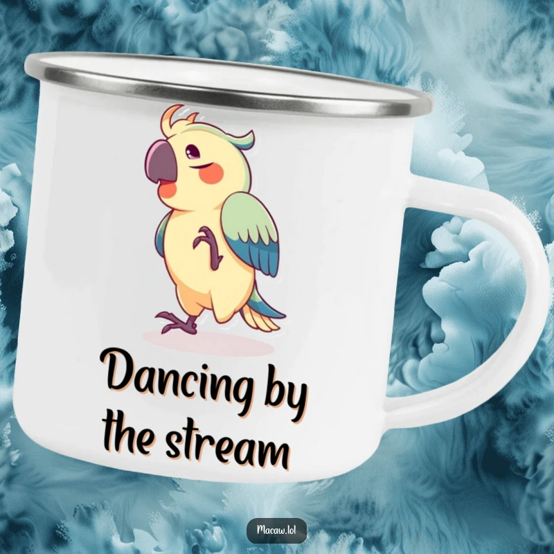 Funny camping mug of a joyful macaw dancing and tapping its foot, perfect for enjoying hot beverages during outdoor adventures.
