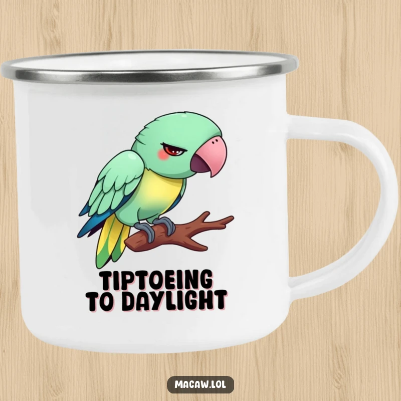 Funny Tiptoeing Macaw Camping Mug: A silly bird with a funny expression, clumsily tiptoeing on a branch.
