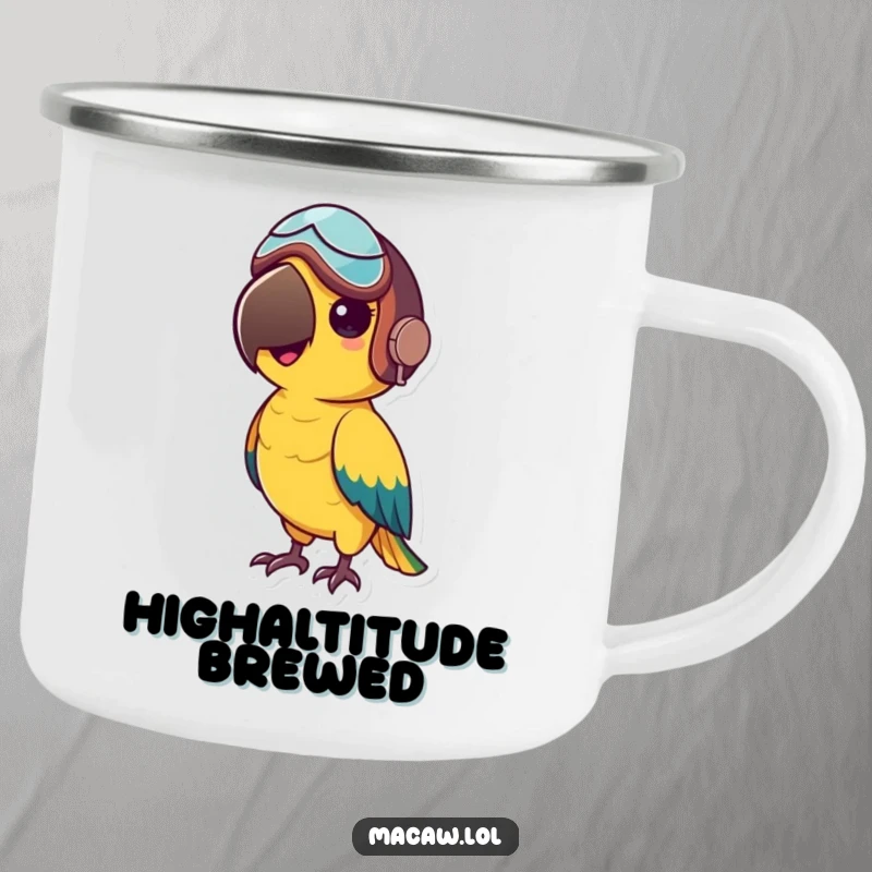 Funny camping mug featuring a small macaw bird wearing a tiny aviator helmet, ready for adventure, perfect for outdoor enthusiasts.
