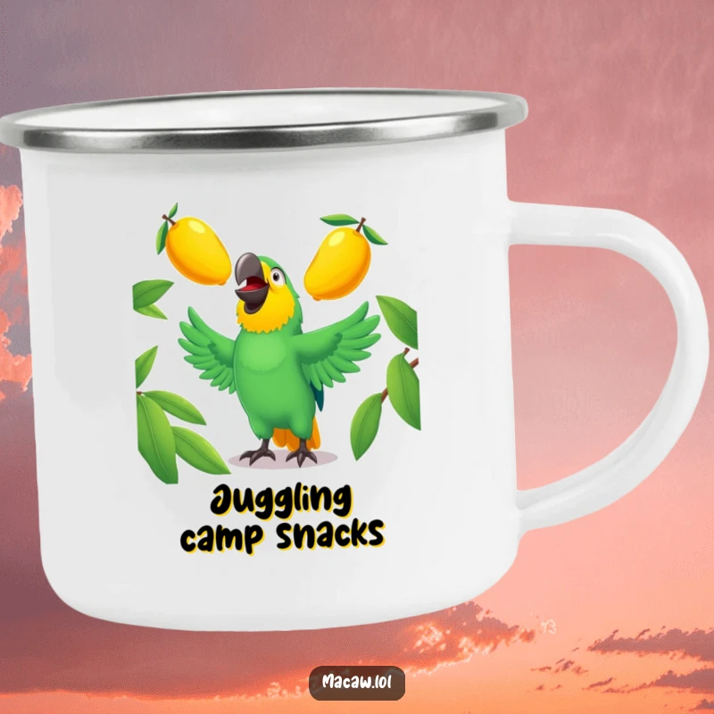 Funny macaw camping mug showing a cheerful bird juggling shiny mangoes, great for outdoors.