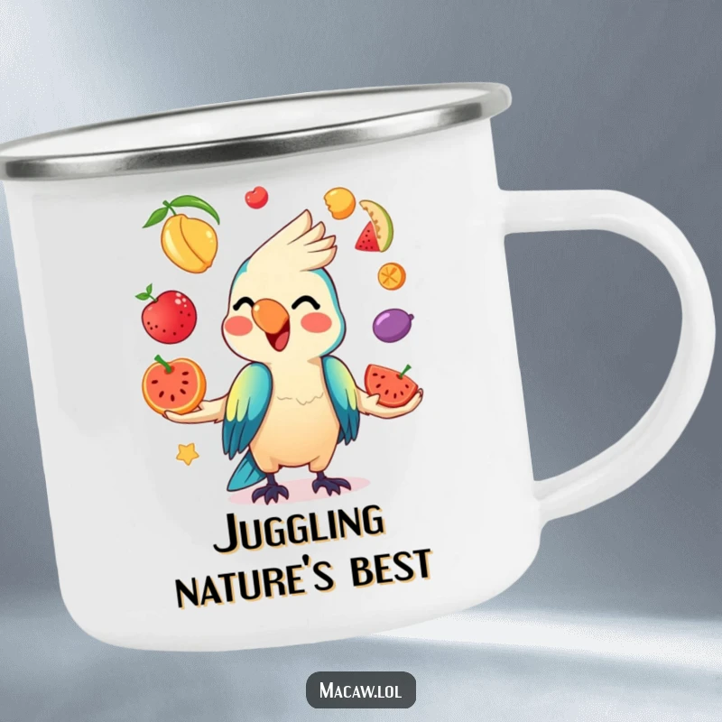 Funny Kawaii Macaw Camping Mug showing a mischievous macaw juggling colorful fruits, perfect for outdoor sips.