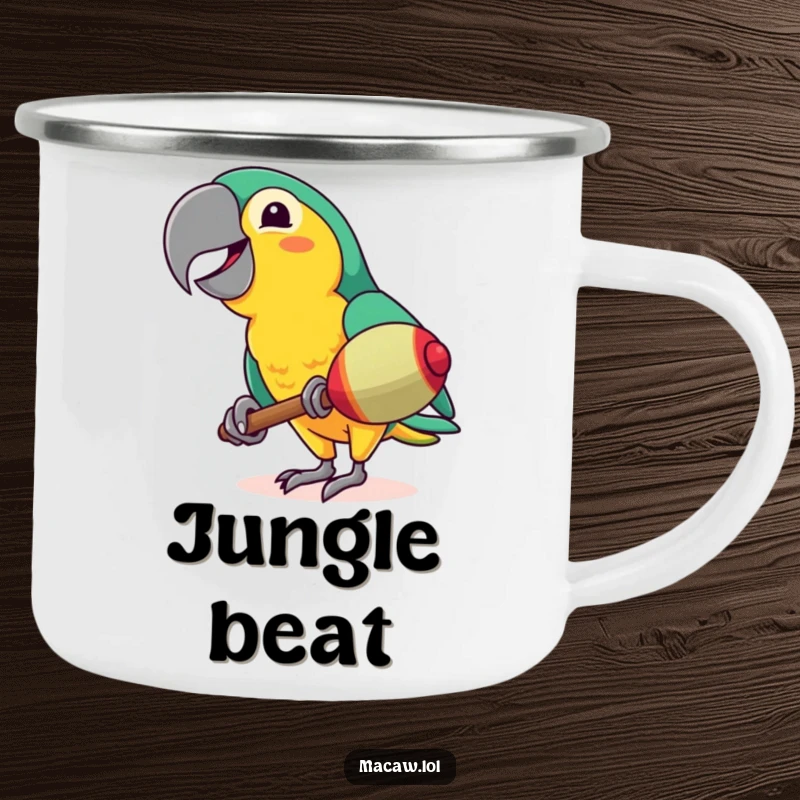 Funny Macaw Camping Mug: A cheerful macaw shaking a maraca with a wide grin, ideal for sipping beverages during outdoor fun.