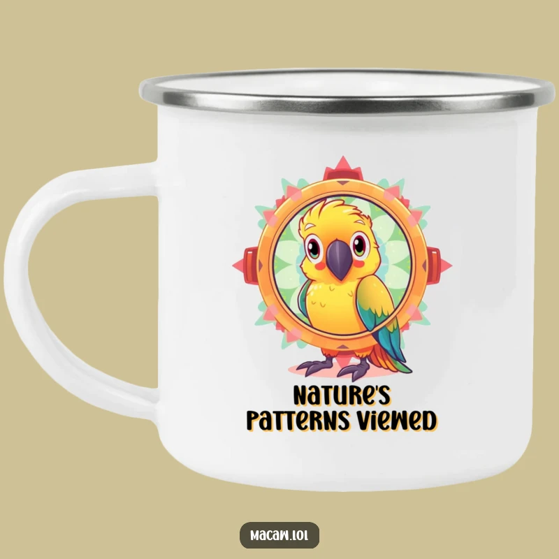 Funny Kaleidoscope Macaw Camping Mug: Curious Bird's Sparkly Outdoor Gift