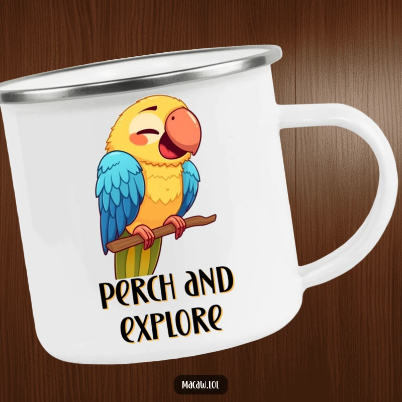 Funny Macaw Face Camping Mug: A cute macaw with a funny expression, balancing on a new perch, perfect for humorous outdoor drinks.