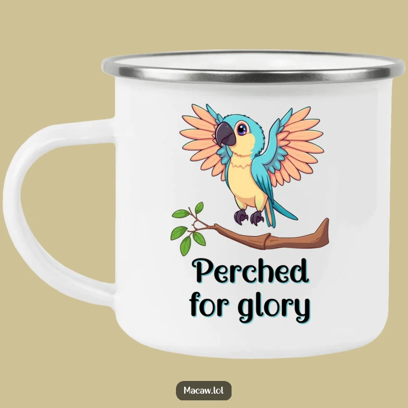 Funny Dramatic Macaw Camping Mug: Posed Bird's Grand Outdoor Gift