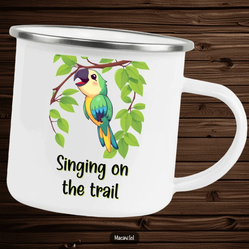 Funny macaw camping mug showing a delighted bird swinging on a vine and singing loudly, great for outdoor use.
