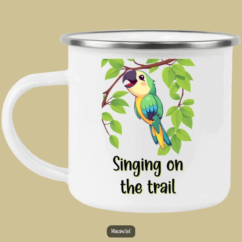 Funny Macaw Swinging Campfire Mug - Joyful Bird Gift, Outdoor Cheer