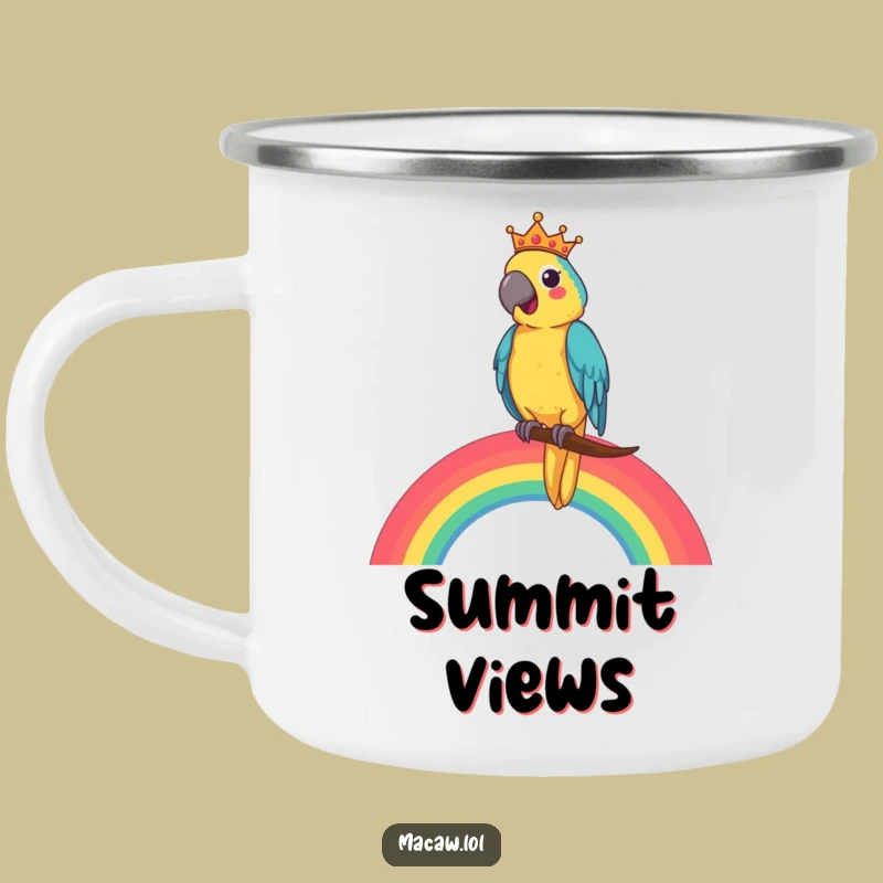 Funny Macaw King Camping Mug: Royal Adventures on a Rainbow