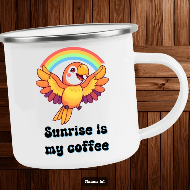 Funny Macaw Camping Mug: A cheerful macaw bird creates a rainbow arc with its wings, ideal for colorful outdoor enjoyment.