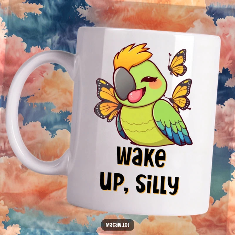 Funny cheeky macaw bird sticking its tongue out playfully at a butterfly, humorous animal interaction design for mugs.