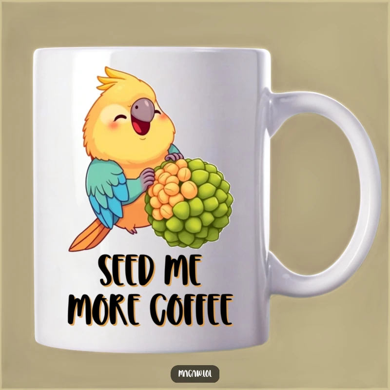 Funny Chubby Macaw Mug: A Happy Bird Enjoying a Giant Seed Treat - Perfect Gift!