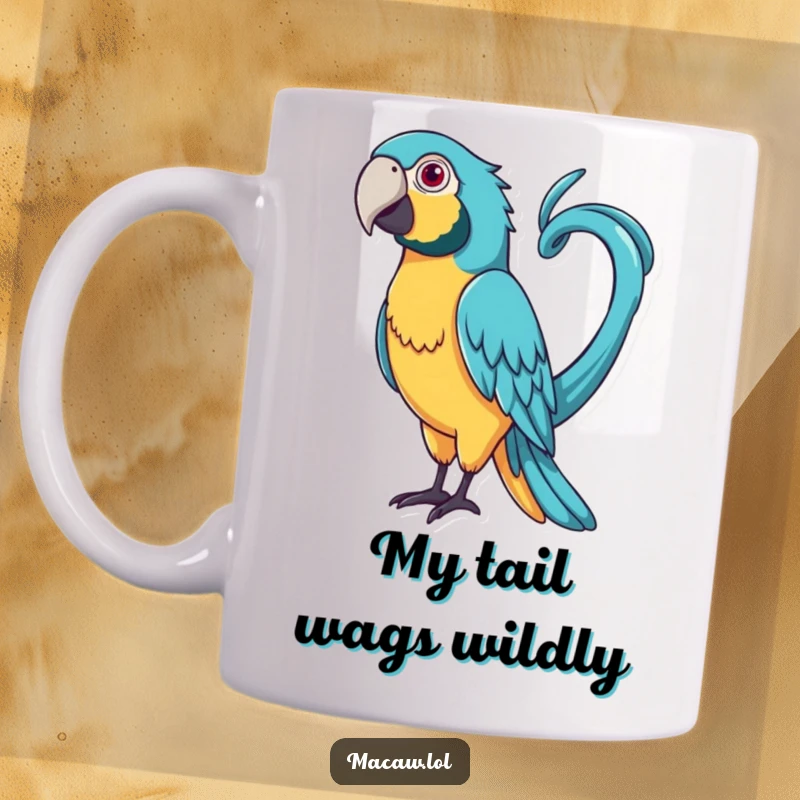 Funny Curly Tail Macaw Mug: A bird with a very long, curly tail playfully whipping it around.