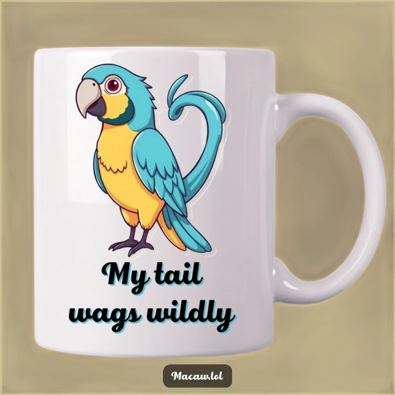 Funny Curly Tail Macaw Mug: Playful Bird Action, Perfect Silly Gift