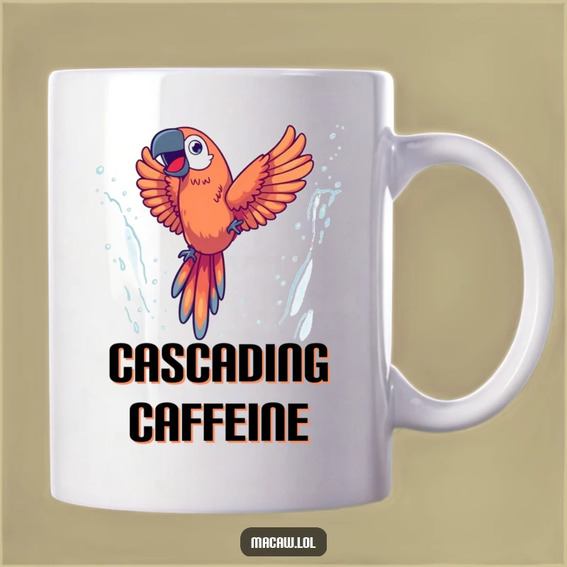 Funny Energetic Macaw Mug, Dive into Adventure with Waterfall Glee