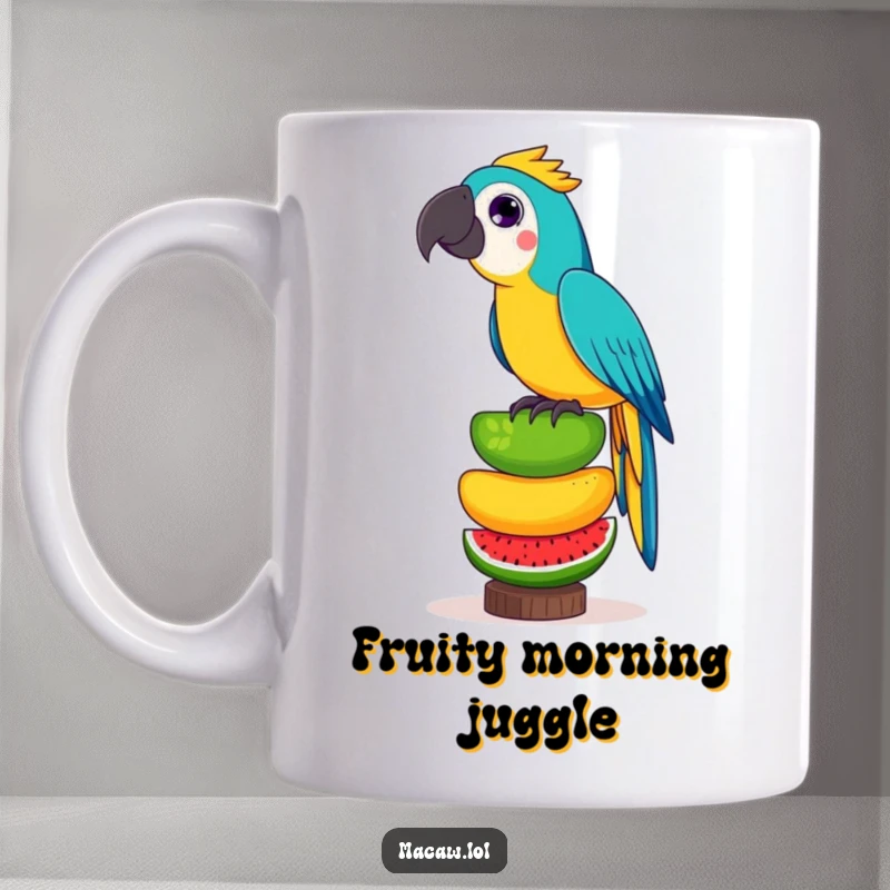 Funny mug featuring a playful macaw bird wobbling with a tall, unstable stack of colorful exotic fruits, showcasing its balancing act.
