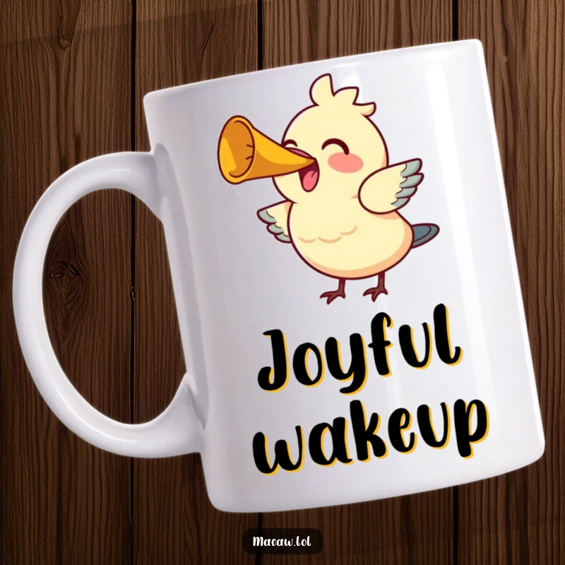 Funny Bird Horn Mug: A cheerful bird joyfully honks a tiny horn, spreading happiness and a delightful musical sound.