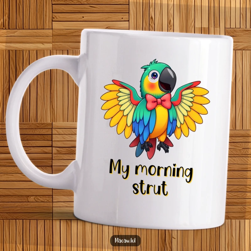 Funny Macaw Mug showing a vibrant bird with wings spread wide, performing a flamboyant bow with a cheerful expression, perfect for gifting.