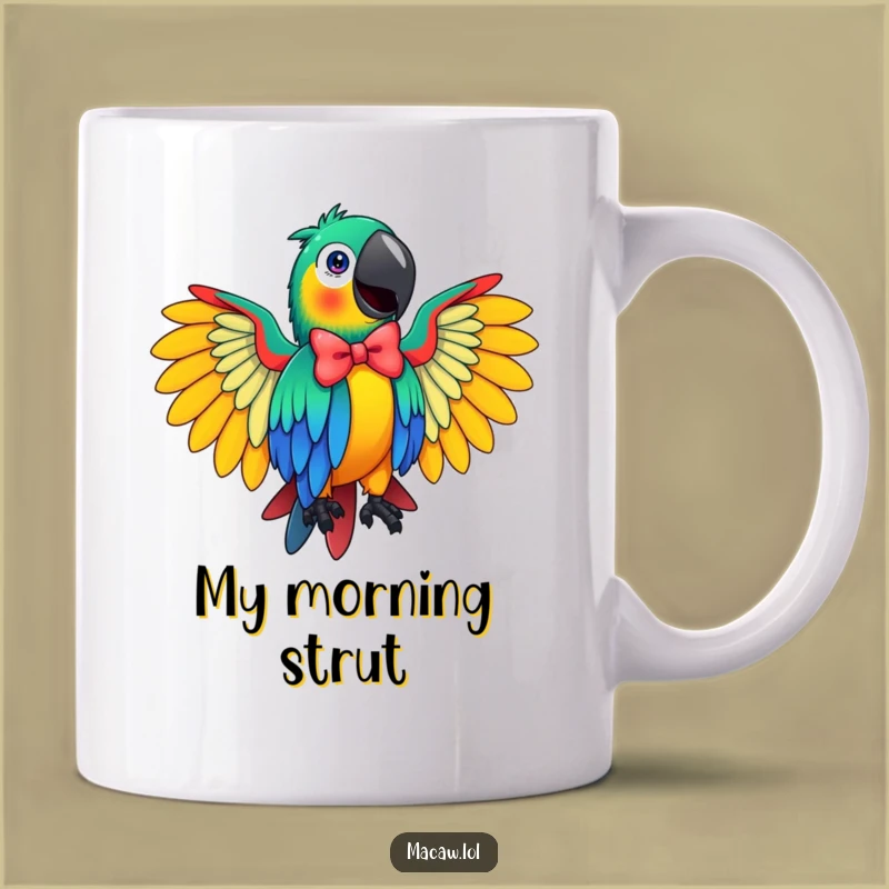 Funny Macaw Bow Mug: A Vibrant Bird Doing a Flamboyant Dance, Perfect Funny Gift
