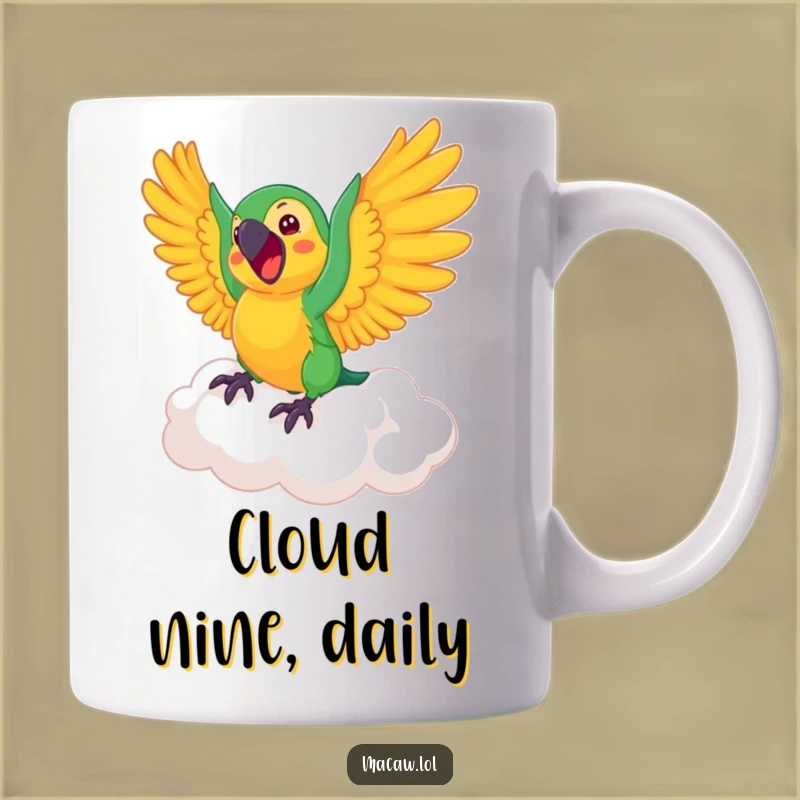 Funny Macaw Cloud Rider Mug: Joyful Bird Gift for Dreamers and Coffee Lovers