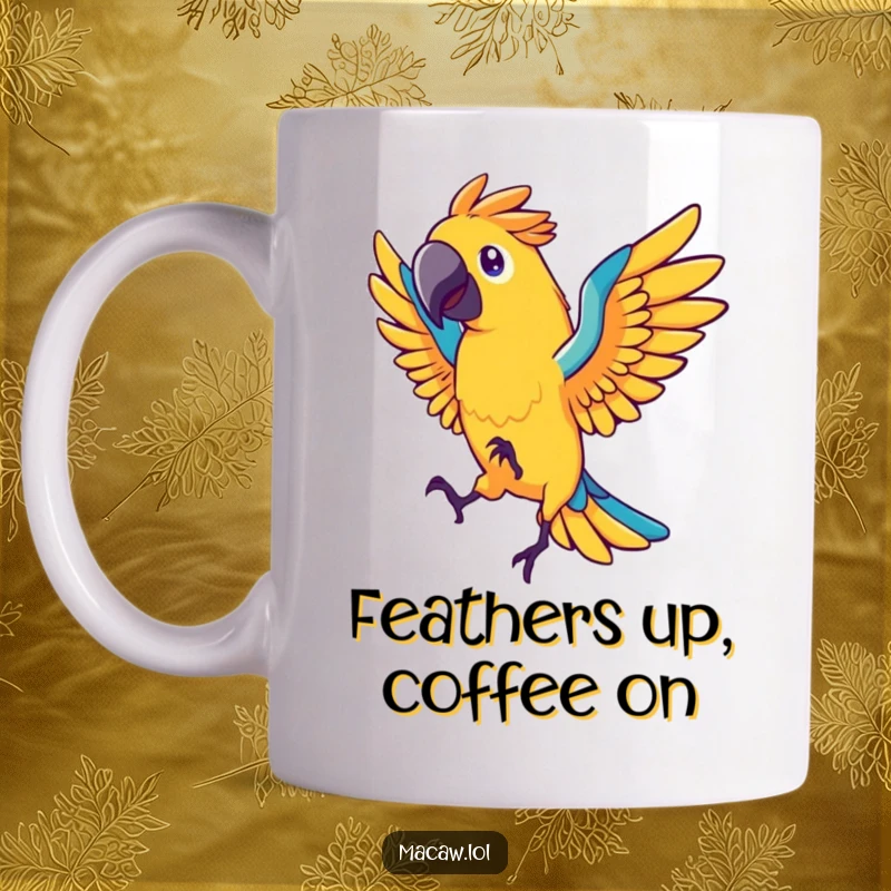 Funny macaw bird mug with fanned tail feathers energetically dancing, showcasing vibrant colors and joyful movement, a perfect gift.