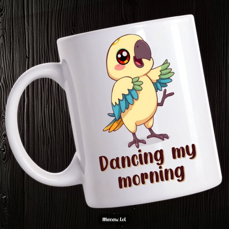 Funny macaw bird mug with big, happy eyes, striking a comical dance pose with enthusiasm and joy.