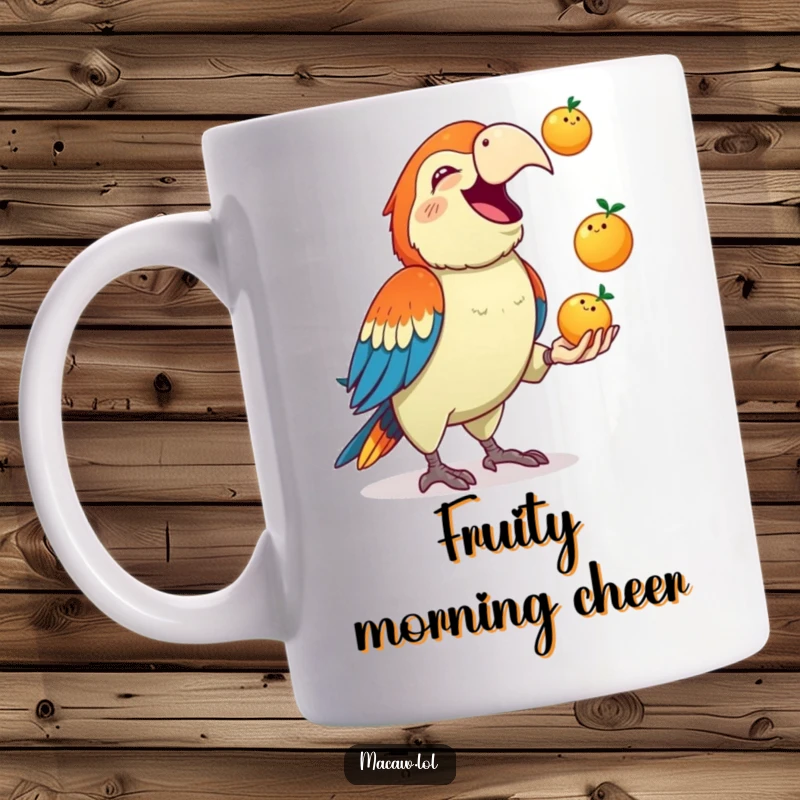 Funny Macaw Mug: A cute macaw squawks gleefully while effortlessly juggling three colorful small fruits, a cheerful and comical scene.