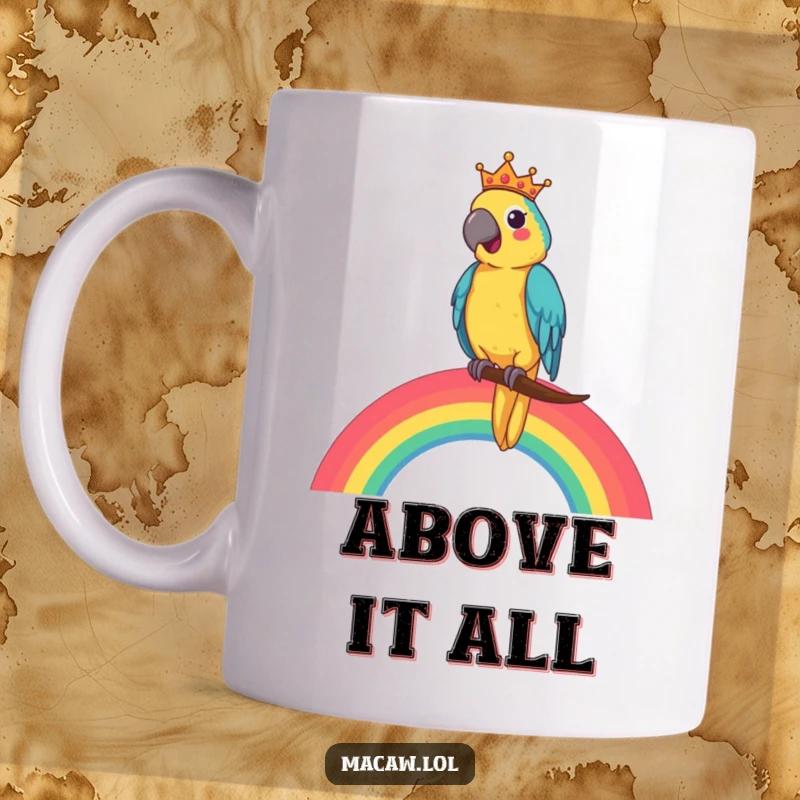 Funny Macaw King Mug showing a cheerful macaw perched regally on a vibrant rainbow, exuding kingly happiness.