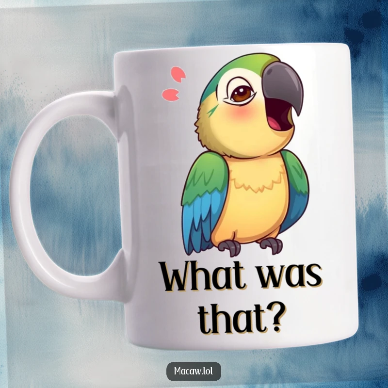 Funny Macaw Mug featuring a curious macaw tilting its head, as if listening intently and mimicking a sound.