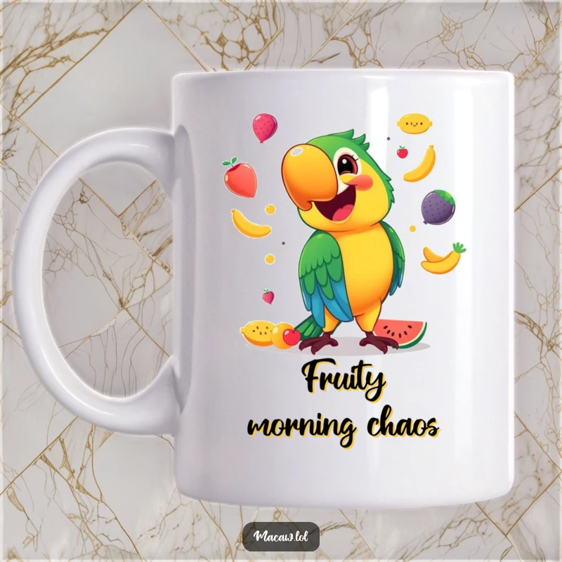 Funny Mug featuring a vibrant macaw with a huge smile, expertly juggling a colorful assortment of fruits, exuding pure joy.