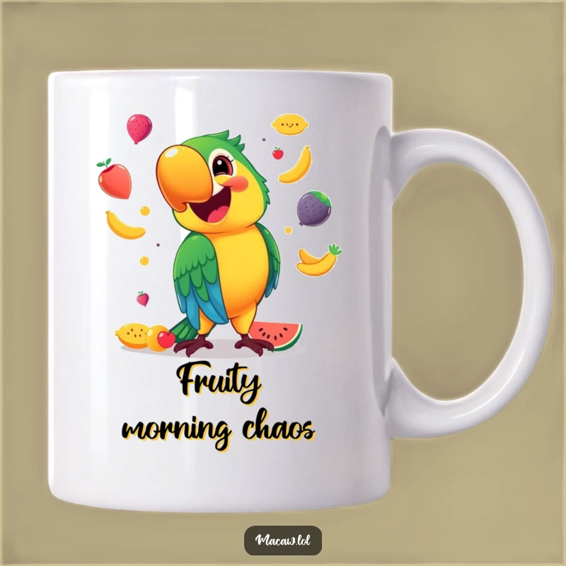 Funny Macaw Mug: Smiling Juggler, Colorful Fruits, Hilarious Gift