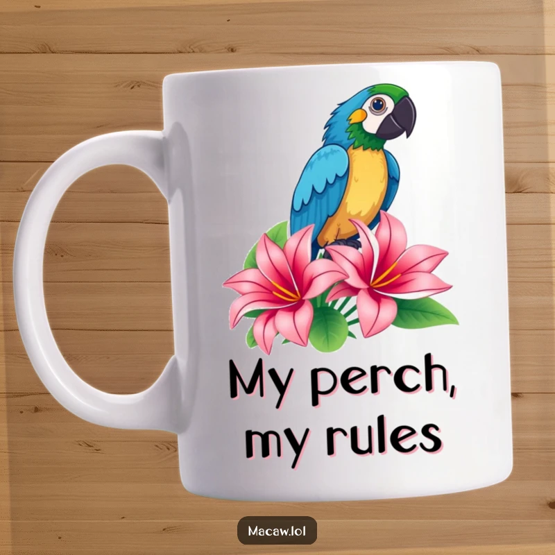 Funny macaw striking a dramatic proud pose atop a tropical flower on a mug, showcasing vibrant avian personality.