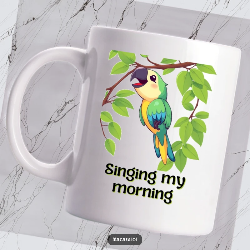 Funny macaw bird mug, swinging joyfully on a vine and singing loudly, radiating happiness and freedom.