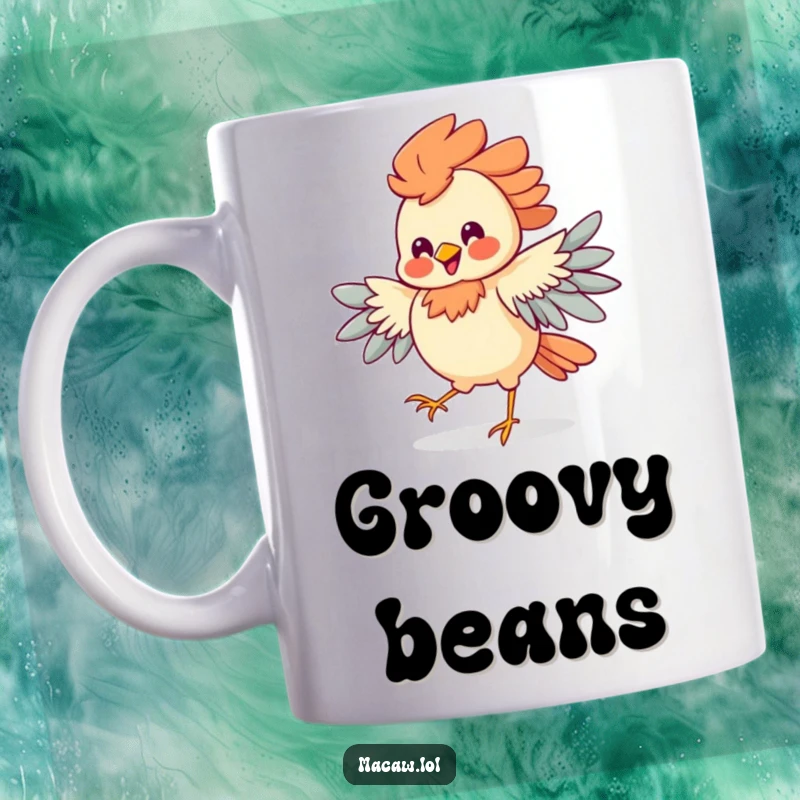 Funny Jigging Bird Mug showing a bird with elaborate plumage dancing a jig with a wide, silly grin, full of festive energy.