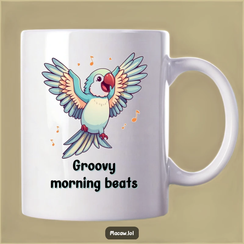 Funny Macaw Dancing Mug: Happy Wings, Music Lover, Joyful Gift