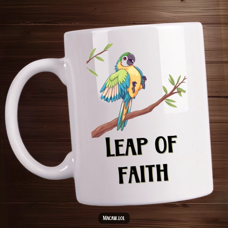Funny Macaw Acrobat Mug: A vibrant macaw performs a dramatic leap between perches, showcasing agility and a humorous sense of adventure.